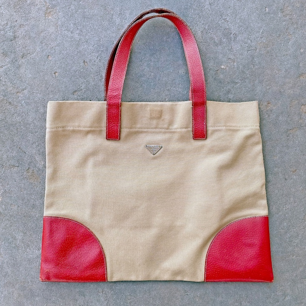 Vintage Prada Small Red Canvas Book Tote Bag AUTHENTIC